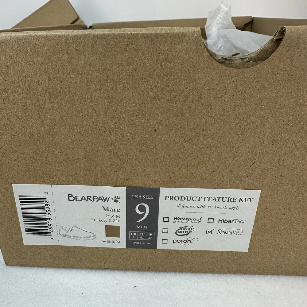 BEARPAW Marc Slippers Men's Size 9 Hickory Suede Sheepskin Lined New In Box